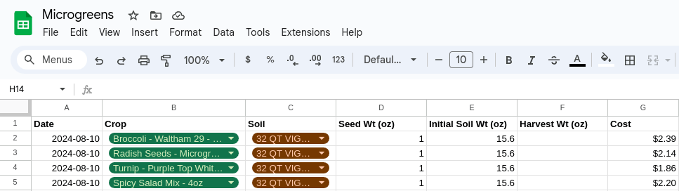 Microgreens Google Sheet